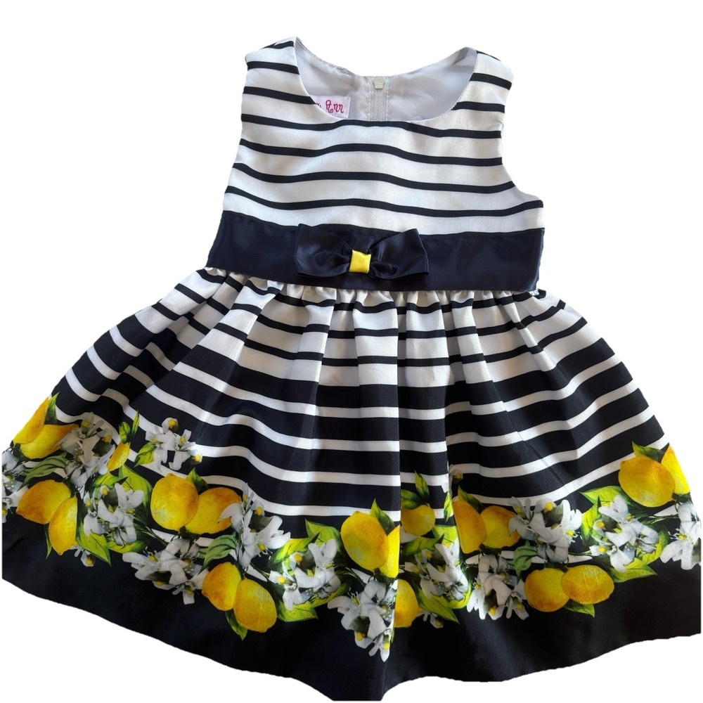 Jessica Ann Baby Girl 12M Dress Sleeveless Blue‎ White Stripes Lemon Floral